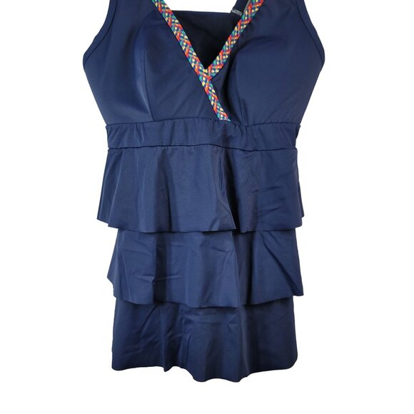 Cacique No Wire Swim Tankini Blue Size 14 Braided Strap V Neck Shelf Bra Ruffle - Picture 3 of 13